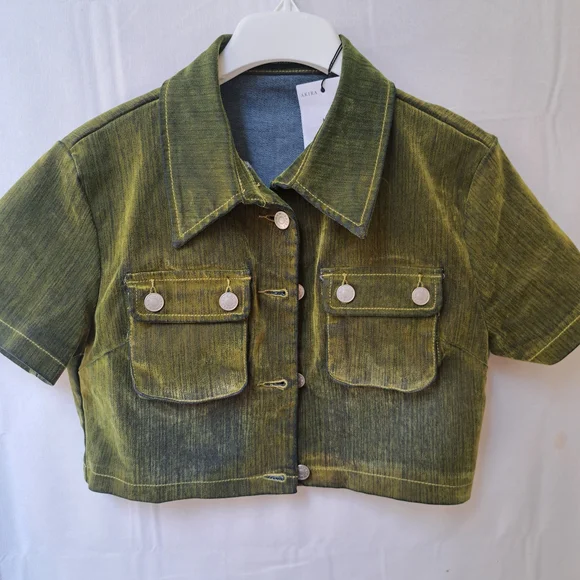 Akira Moss Green Distressed Velvet Cropped Jacket Size M - Picture 9 of 14